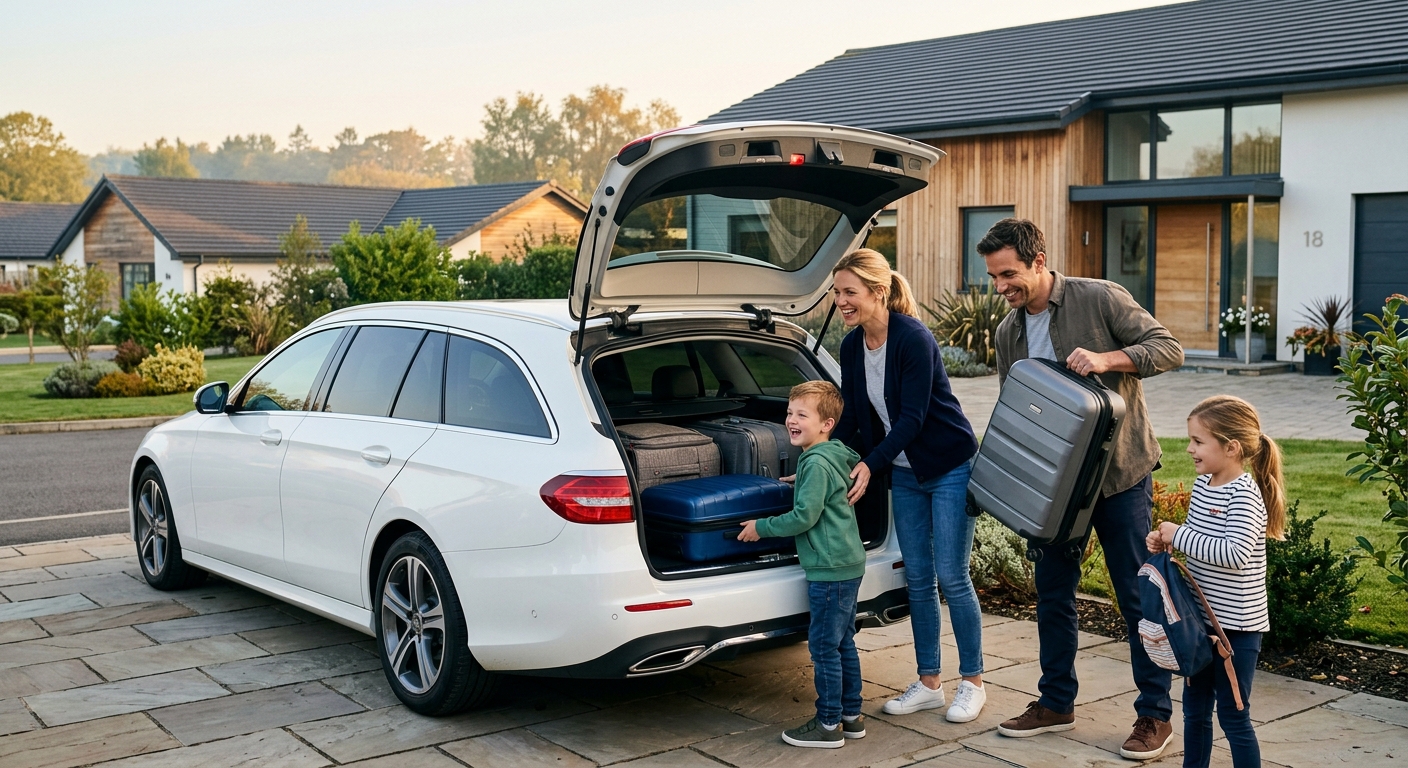 Family loading luggage for airport transfer