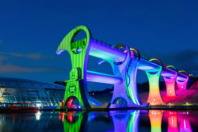 The Falkirk Wheel illuminated at night