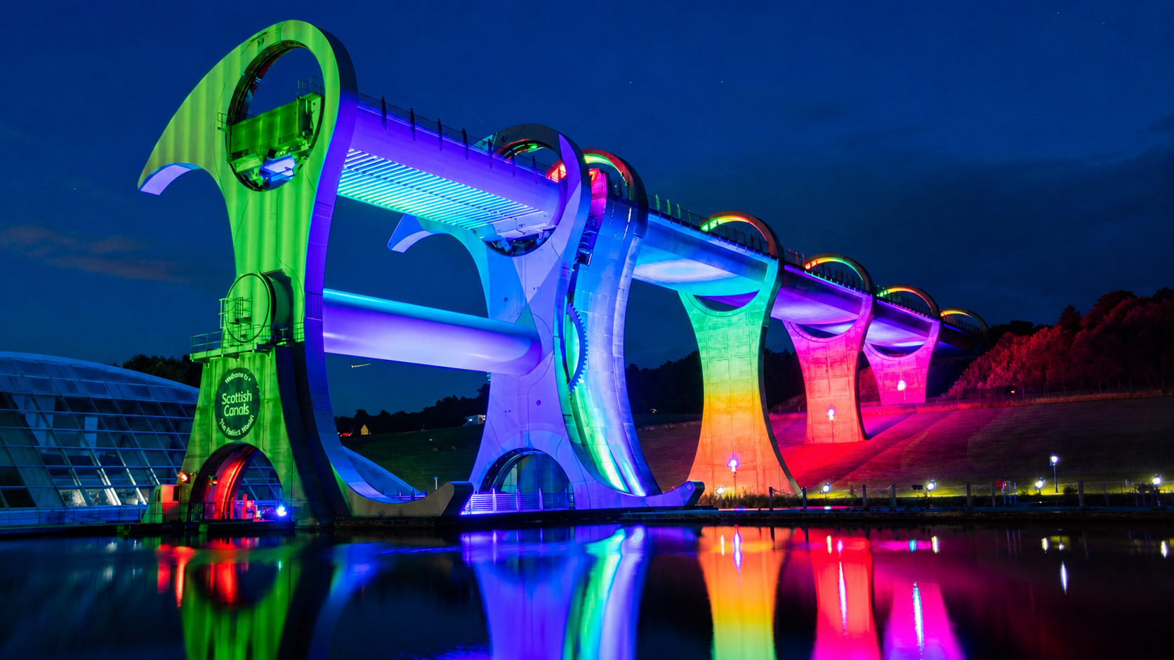 The Falkirk Wheel illuminated at night